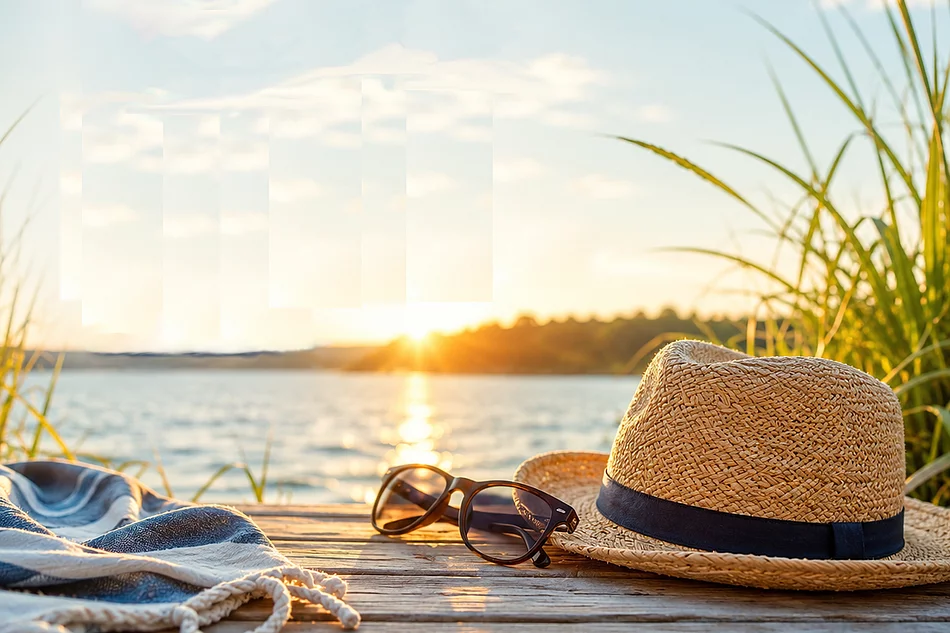 Schöne Ferien Ein Strohhut und eine Sonnenbrille auf einem Steg am See im Sonnenuntergang mit der Aufschrift „Schöne Ferien!"